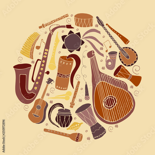 Set of hand drawn traditional Slavic, Ukrainian musical instruments in circle. Reed pipe, kobza, buhay, sopilka, bandura, pan flute etc.