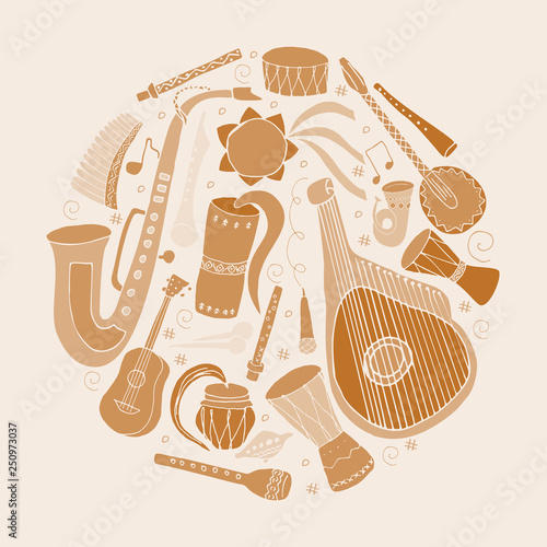 Set of hand drawn traditional Slavic, Ukrainian musical instruments in circle. Reed pipe, kobza, buhay, sopilka, bandura, pan flute etc.