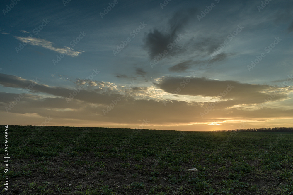 A scenic winter sunset over a large meadow. A scenic winter sunset over a large meadow.