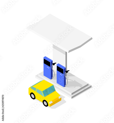 Filling station. Refilling fuel, motorway road shop, repair service. Petroleum gas station and cars. Petrol tank, gasoline. Blue and yellow colors vector.