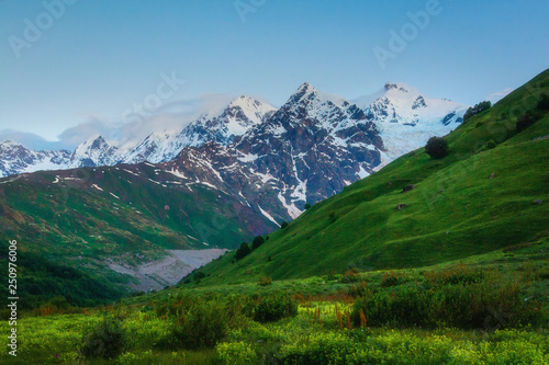 Caucasus mountains landscape. Snowy mountain summits in Svaneti, Georgia