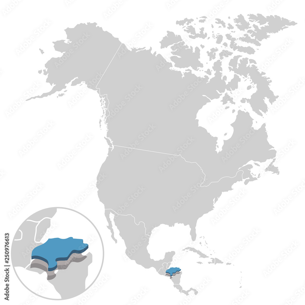 Obraz premium Vector illustration of Honduras in blue on the grey model of North America map with zooming replica of country