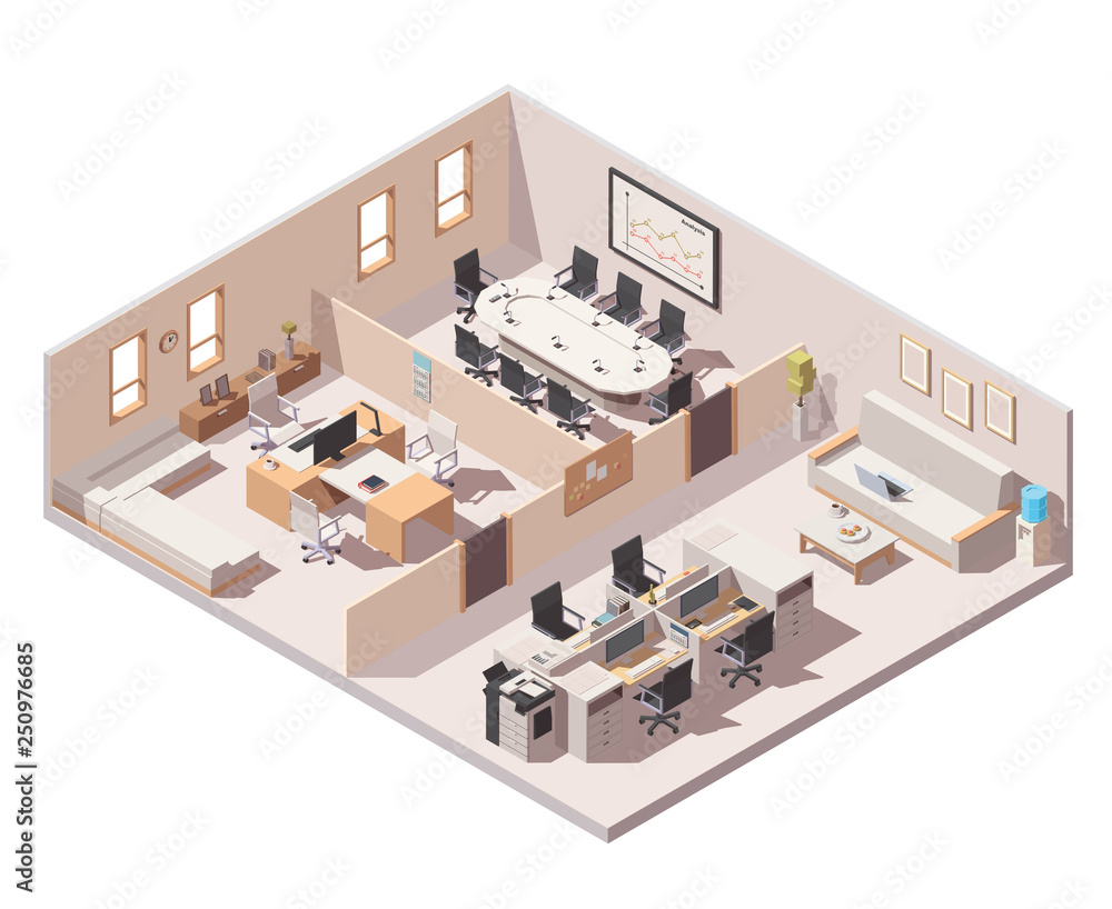Vector isometric corporate office interior. CEO office, conference room and  cubicle workplace with computers Stock Vector | Adobe Stock