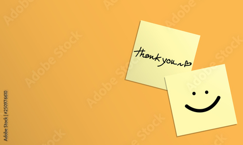 A handwritten thank you with a cute heart-shaped message and a smile on yellow sticky note on yellow background with your copy space. Vector illustration. 