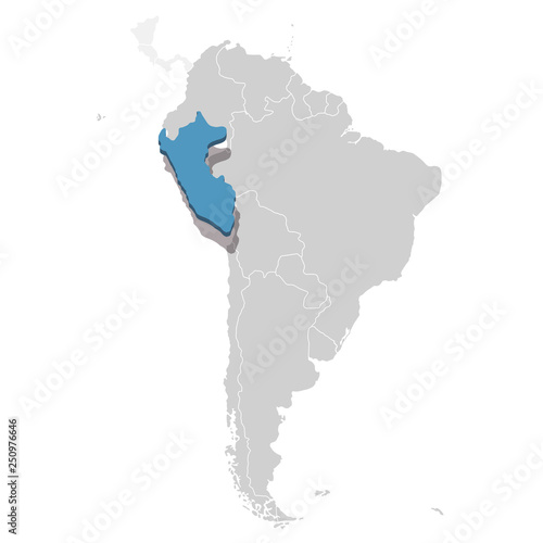Vector illustration of Peru in blue on the grey model of South America map
