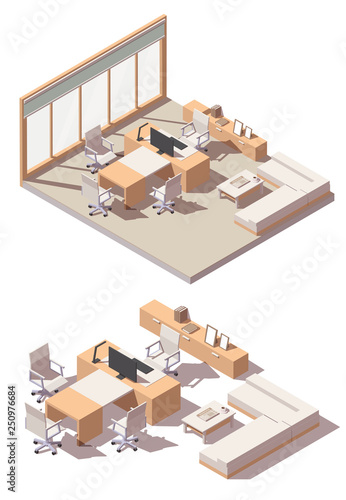 Fototapeta Naklejka Na Ścianę i Meble -  Vector isometric CEO office interior. Desk with desktop monitor, lamp and keyboard, chairs, sofa and other office equipment and furniture