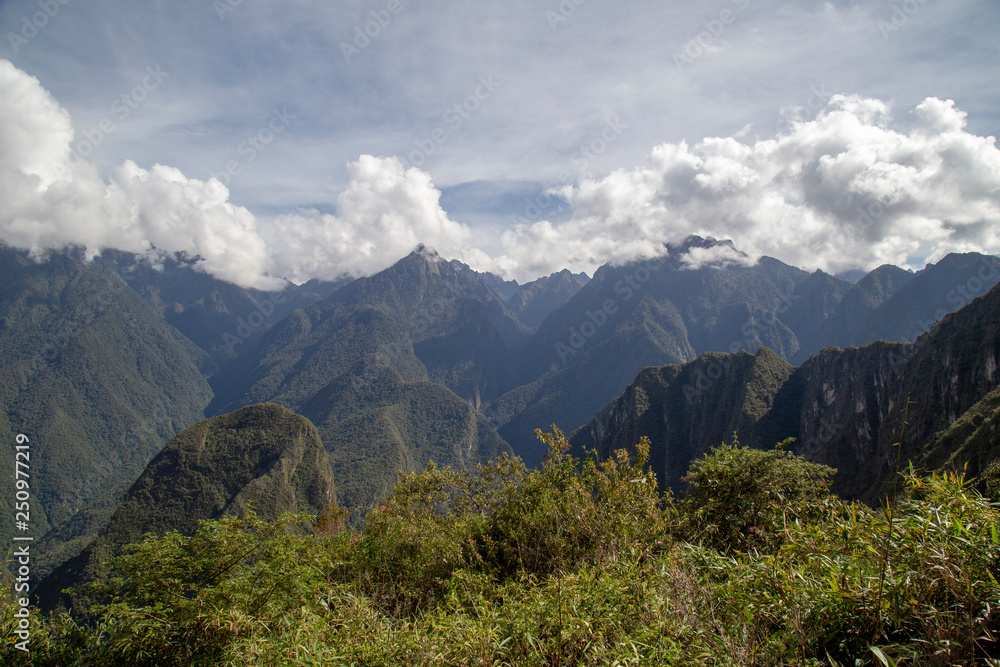 Machu Picchu and Huayna Picchu mountain in Peru, seen from the door of the sun