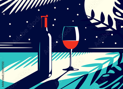 Vector illustration of a night view with a bottle and a glass of red wine in vintage style on the background of the moon and tropical leaves