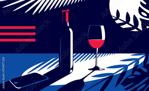 Vector illustration of a bottle and a glass of red wine and a cell phone near on the table in vintage style on the background of the moon and tropical leaves