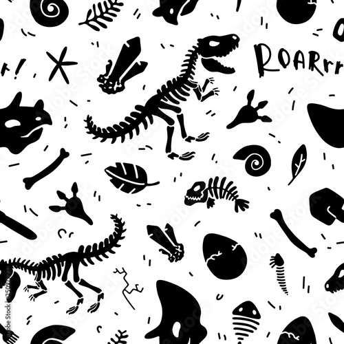 Dinosaur skeleton and fossils. Vector seamless pattern. Original design with t-rex, dinosaur bones, stones, traces, plants and eggs. Print for T-shirts, textiles, web. White background.