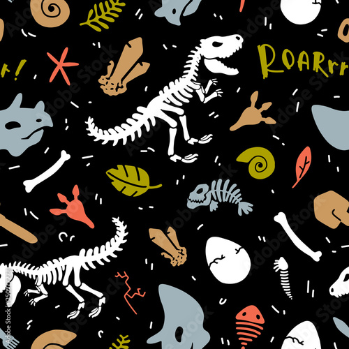 Dinosaur skeleton and fossils. Vector seamless pattern. Original design with t-rex, dinosaur bones, stones, traces, plants and eggs. Print for T-shirts, textiles, web. Black background.