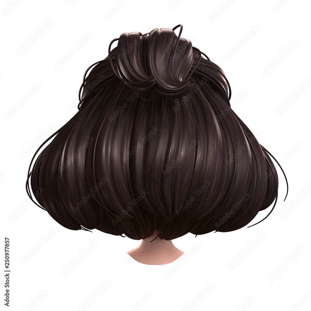 3d cartoon character attractive brunette girl with Retro Hairstyle. Fashion  young woman haircut with short brown hair. Half Ponytail Hairstyle. Closeup  rear view. 3D rendering on white background. Stock Illustration | Adobe