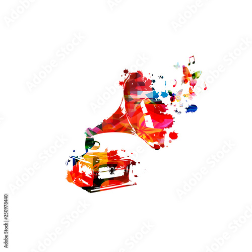 Colorful gramophone with music notes isolated vector illustration design. Music background. Retro phonograph with music notes, music festival poster, concert events, party flyer