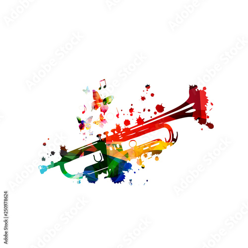Colorful trumpet with music notes isolated vector illustration design. Music background. Music instrument poster with music notes, festival poster, live concert events, party flyer