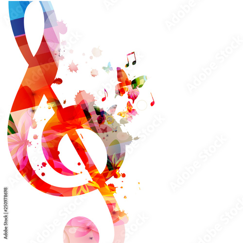 Music background with colorful G-clef and music notes vector illustration design. Artistic music festival poster, live concert events, party flyer, music notes signs and symbols