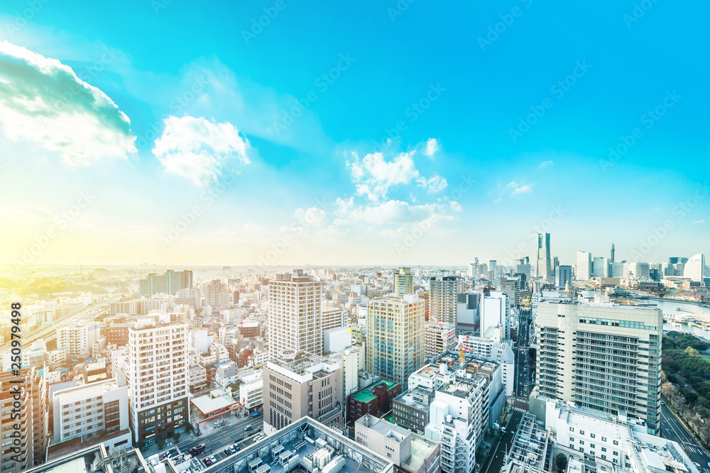 city skyline aerial view in Yokohama, Japan - obrazy, fototapety, plakaty 