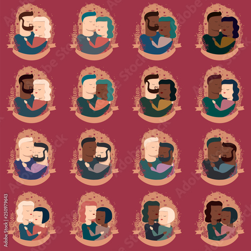 Vector collection of black, white and interracial love couples in hugs, heterosexual and homosexual. Isolated on red background.