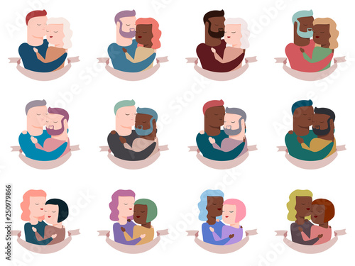 Vector collection of black, white and interracial love couples in hugs, heterosexual and homosexual. Isolated on white background.