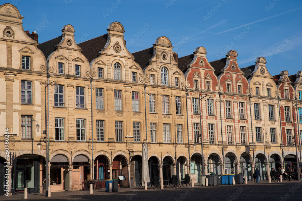 Facades of typical Flemish medieval houses in a square of Arras in France