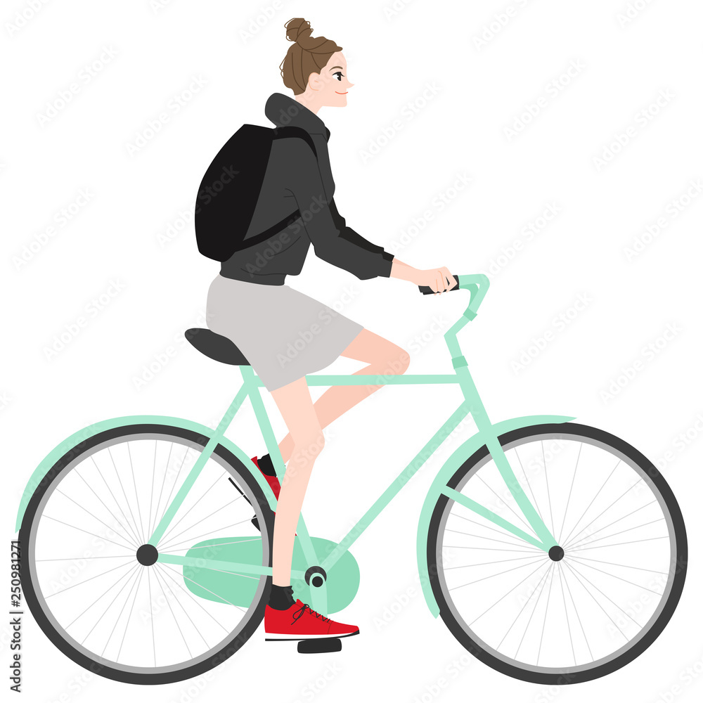 若い女性のイラスト。自転車に乗っている健康的な若い女性。 若い女性のイラスト。自転車に乗っている健康的な若い女性。