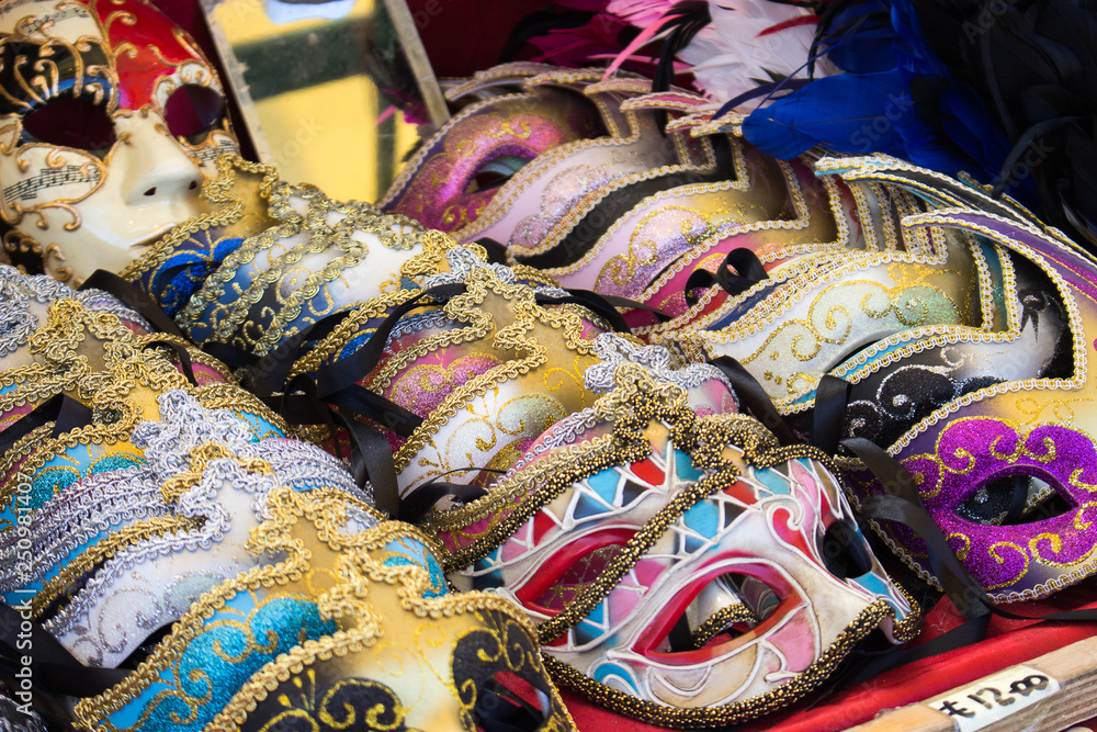 Carnival masks, on the street vendor's bench in Rome