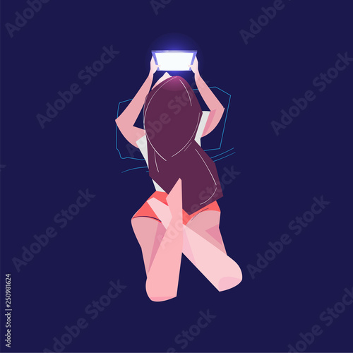 Women with smartphone on the bed. female watching movie from her smartphone - vector