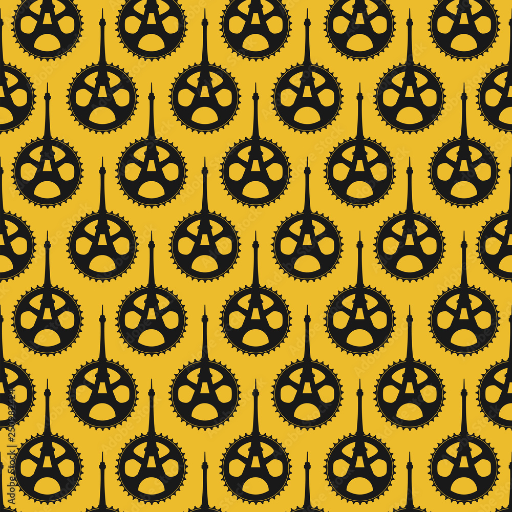Vector Seamless Bicycle Gearing With Eiffel Tower Pattern Vector Seamless Bicycle Gearing With Eiffel Tower Pattern
