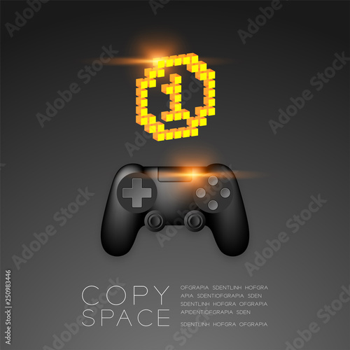 Gamepad or joypad black color with Gold Medal number one pixel icon, Game winner concept design illustration isolated on black gradients background, with copy space