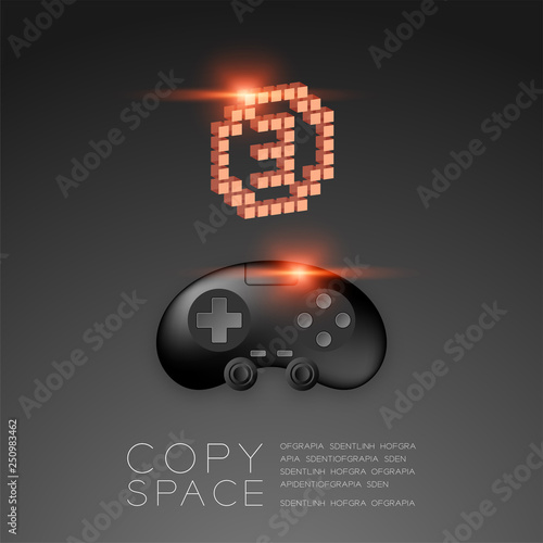 Gamepad or joypad black color with Copper Medal number three pixel icon, Game winner concept design illustration isolated on black gradients background, with copy space