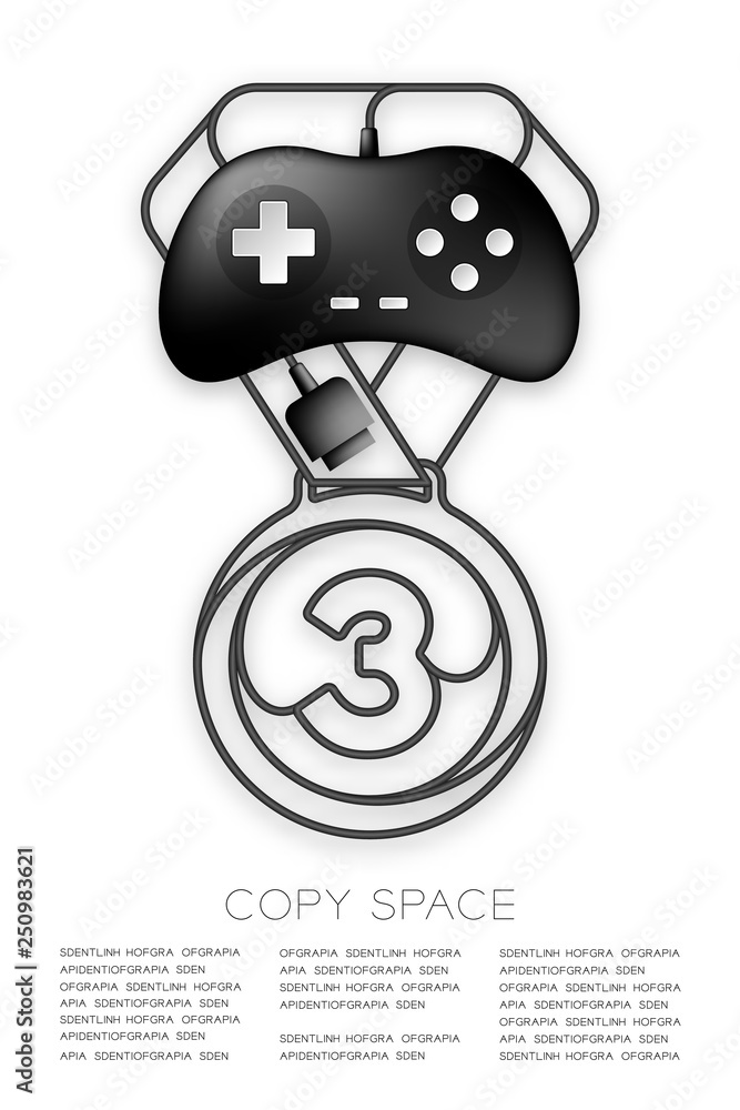 Medal number one shape made from cable Retro Gamepad or joypad black color, Game winner concept design illustration isolated on white background, with copy space, vector eps 10