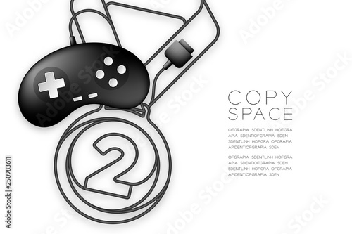 Medal number one shape made from cable Retro Gamepad or joypad black color, Game winner concept design illustration isolated on white background, with copy space, vector eps 10
