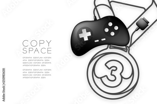 Medal number one shape made from cable Retro Gamepad or joypad black color, Game winner concept design illustration isolated on white background, with copy space, vector eps 10