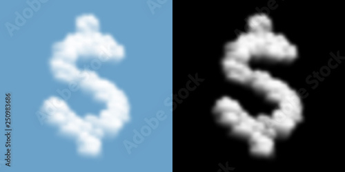 Currency USD (United States Dollars) sign and symbol Cloud or smoke pattern, Business finance concept illustration isolated float on blue sky background with opacity mask, vector