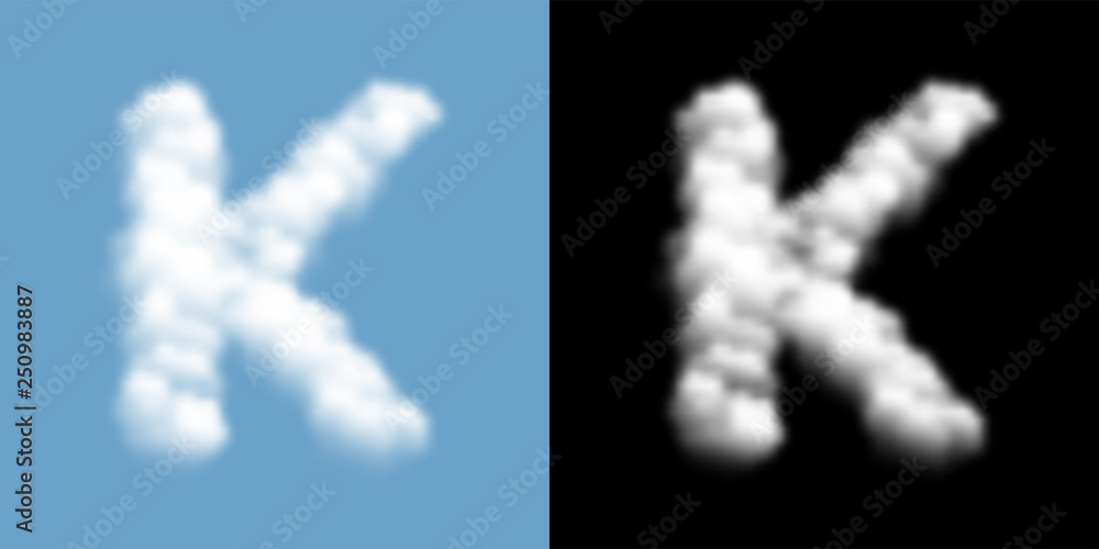 Alphabet uppercase set letter K, Cloud or smoke pattern, illustration isolated float on blue sky background, with opacity mask, vector eps 10 Alphabet uppercase set letter K, Cloud or smoke pattern, illustration isolated float on blue sky background, with opacity mask, vector eps 10