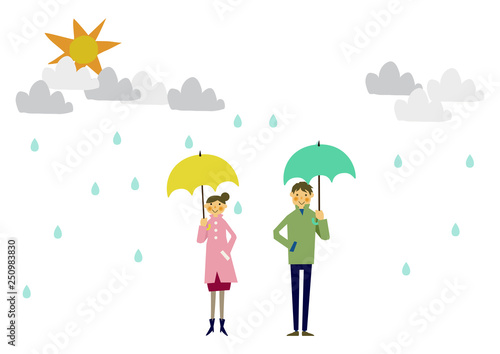レインコートを着た人物。 梅雨のシーズンのクリップアート。 傘をさす男女。 雨のイメージ。 天気のイラスト。