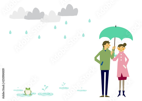 レインコートを着た人物。 梅雨のシーズンのクリップアート。 傘をさす男女。 雨のイメージ。 天気のイラスト。