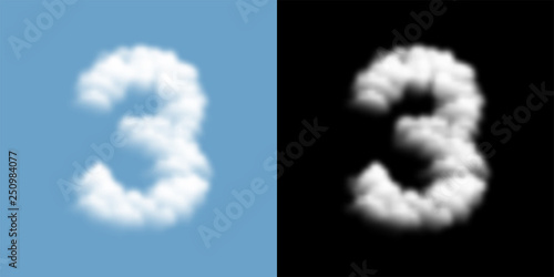 Alphabet set letter number three or 3 Cloud or smoke pattern, illustration isolated float on blue sky background, with opacity mask, vector eps 10