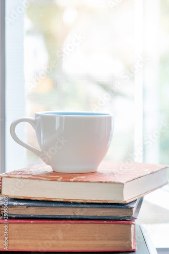 white cup on stack of books near the window.