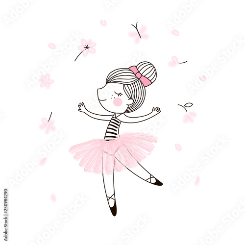 Cute little dancing ballerina girl in pink transparent skirt. Vector doodle illustration in pink colour for girlish designs like textile apparel print, wall art, poster, stickers, cards and more.