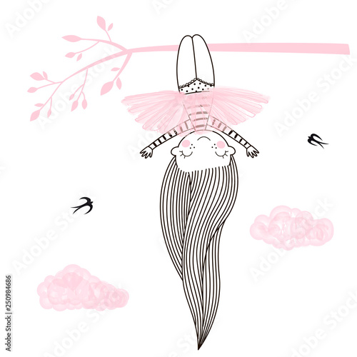 Cutelittle girl in pink ballerina skirt hanging head down on the tree. Vector doodle illustration in pink colour for girlish designs like textile apparel print, wall art, poster, stickers, cards and