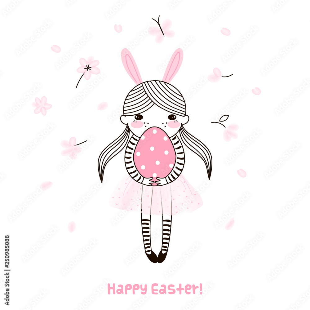 Φωτογραφία Cute little girl in pink ballerina skirt and bunny ears keeping a big Easter egg