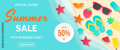 Summer sale vector banner. Paper cut. Can used for banners,Wallpaper,flyers, invitation, posters, brochure, voucher discount. Vector illustration