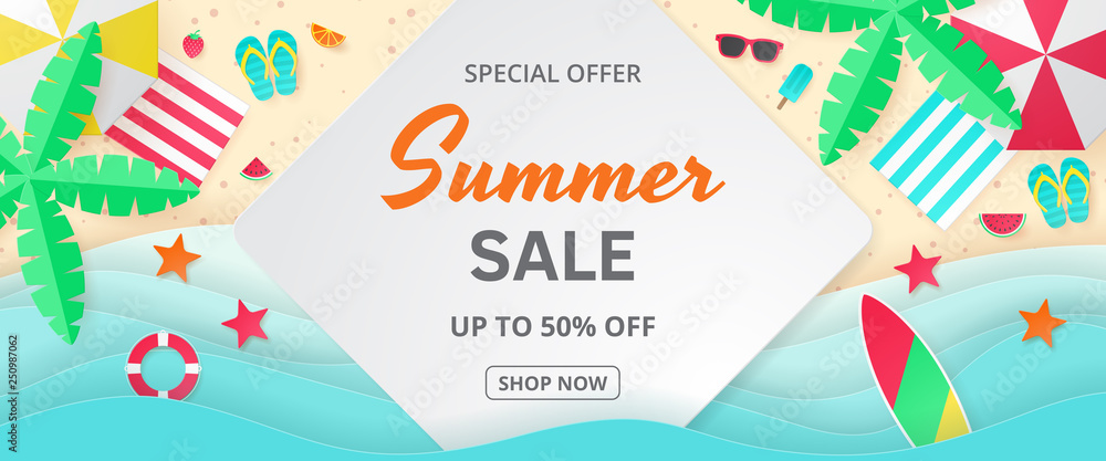 Summer sale vector banner. Paper cut. Can used for banners,Wallpaper,flyers, invitation, posters, brochure, voucher discount. Vector illustration