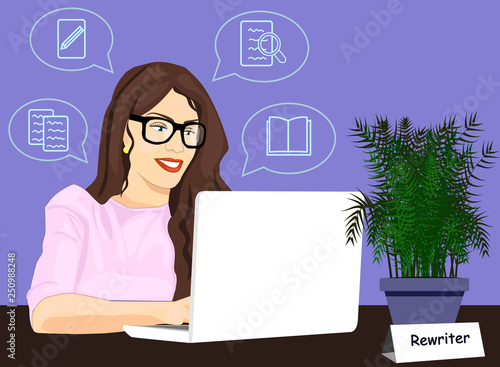 Rewriter girl working on laptop vector icon. Concept of rewriting illustration. Woman typing article on computer realistic style design, designed for web and app. Eps 10.