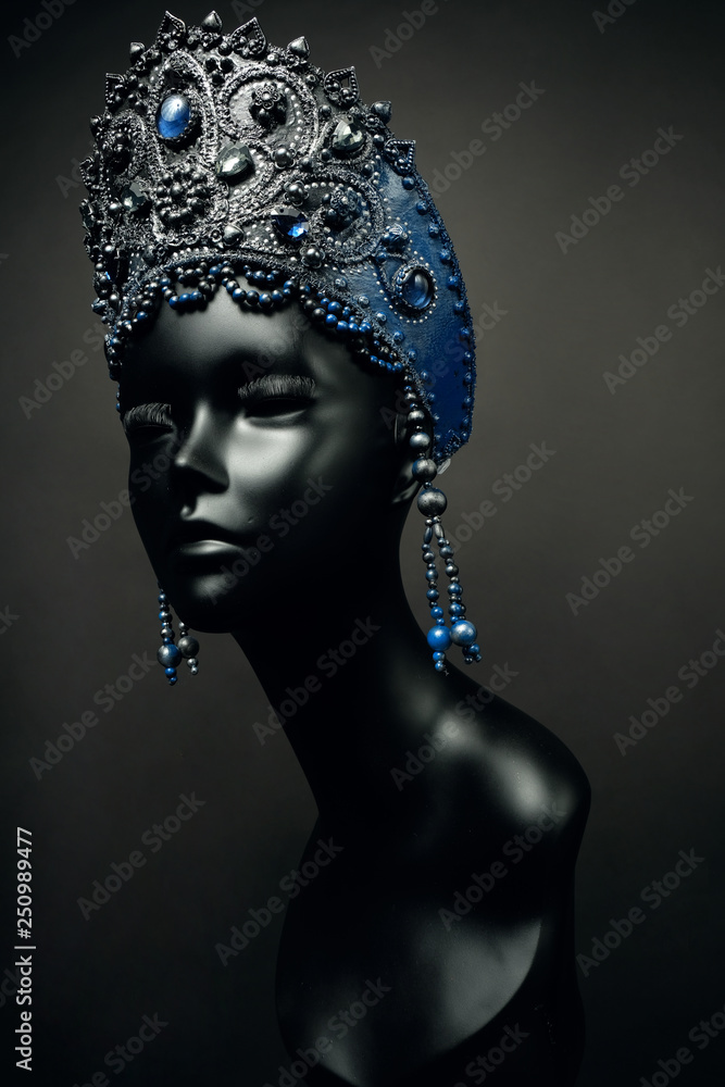 Mannequin head in dark silver blue headwear kokoshnik Mannequin head in dark silver blue headwear kokoshnik