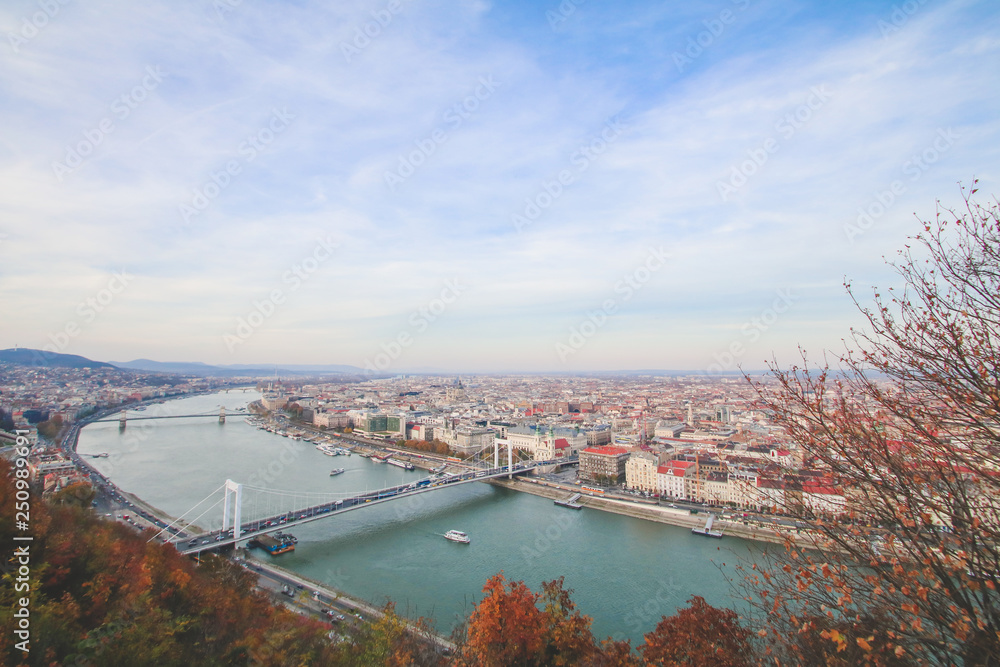 Budapest Hungary Sunset Panorama of Budapest Hungary with the Chain Bridge, and the Parliament