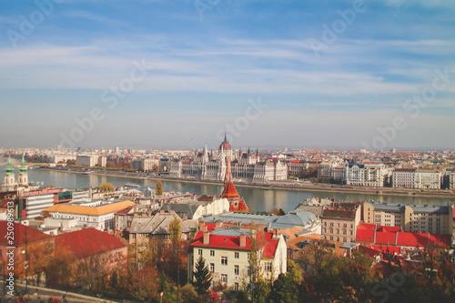 Budapest Hungary Sunset Panorama of Budapest Hungary with the Chain Bridge, and the Parliament