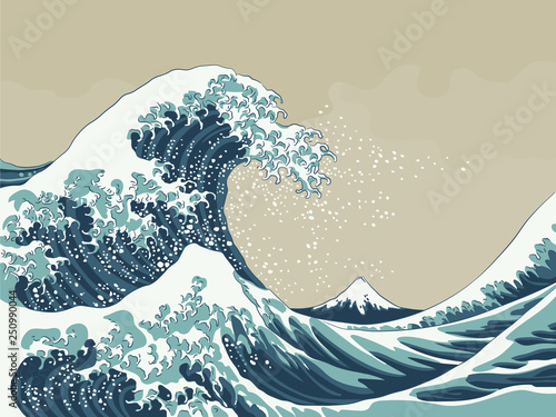 Great Wave Japanese Woodblock Print Style Vector Illustration photo