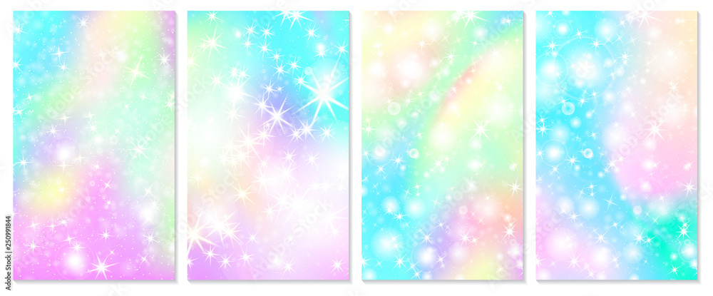 Unicorn rainbow background. Holographic sky