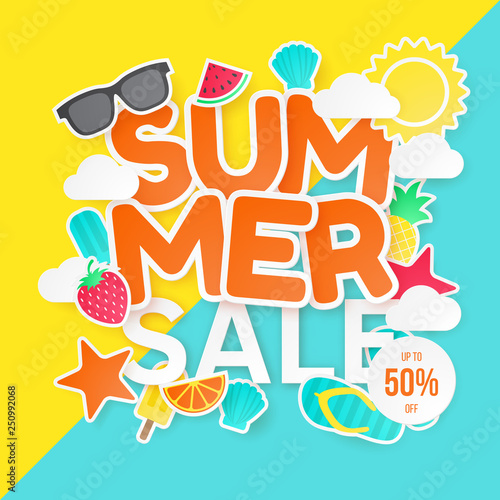 Summer sale vector background. Paper cut. Can used for banners Wallpaper flyers  invitation  posters  brochure  voucher discount. Vector illustration